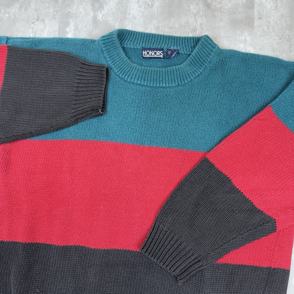 Vintage Honors Sweater Men's Large Color Block Long Sleeve Knit 100% Cotton 90s